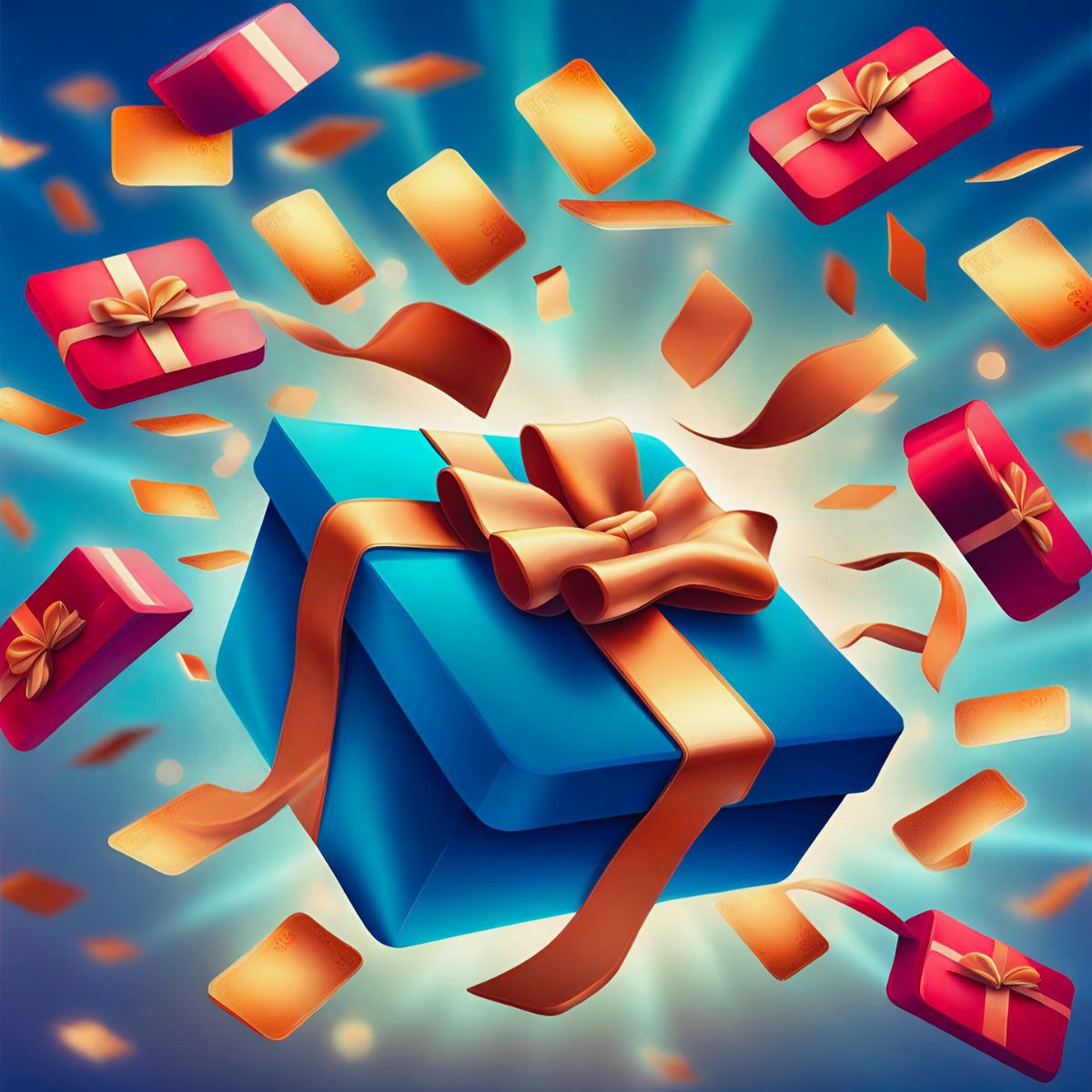 Instant Email Delivery Presents and gift cards raining from the sky, emphasizing on our gifting functionality